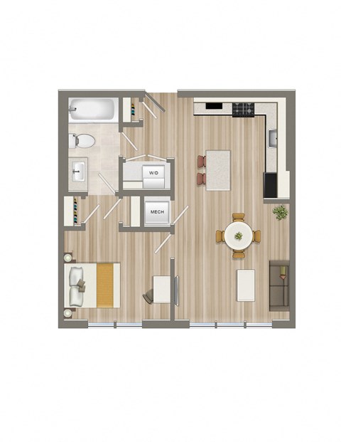 Floor plan for 1 bed, 1 bath, 533 sqft